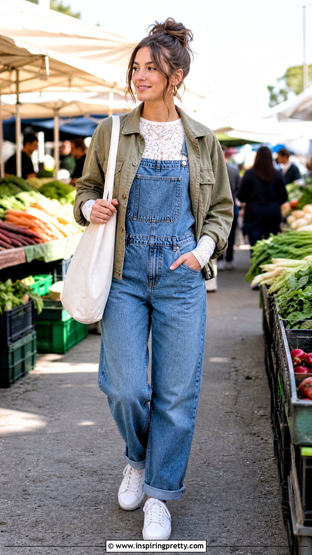 Lace Layering Top Under Denim Overalls - 50 Lace Layering Top Outfit ideas