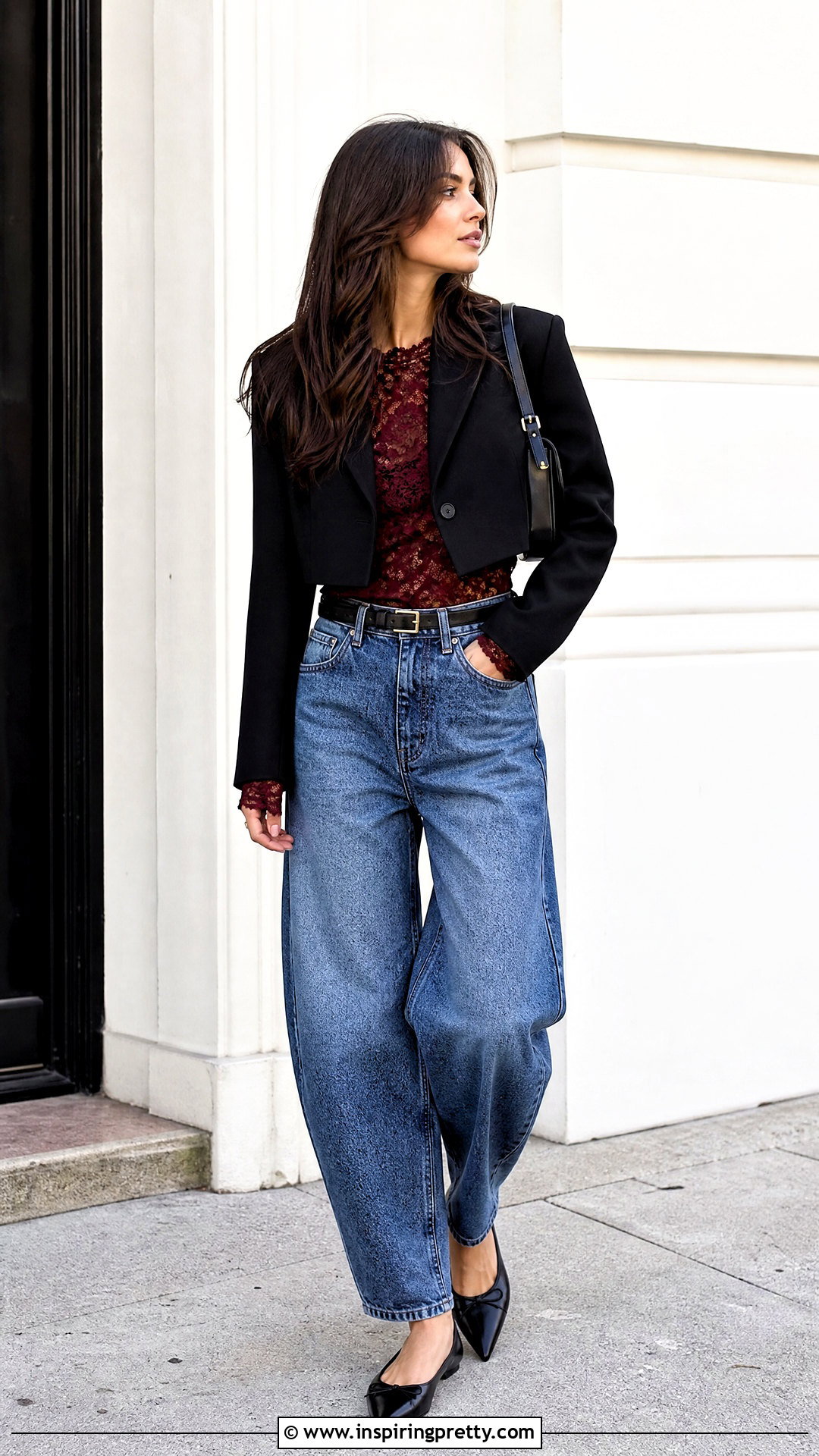 Lace Layering Top With Barrel Jeans And Flats - 50 Lace Layering Top Outfit ideas