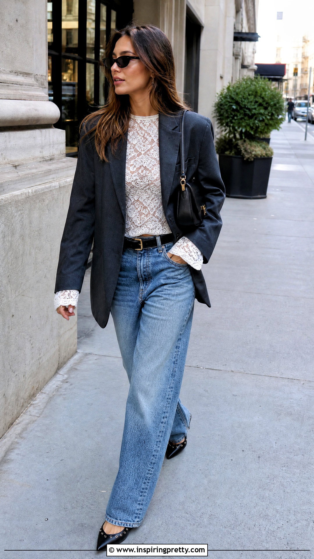 Lace Layering Top With Oversized Blazer And Jeans - 50 Lace Layering Top Outfit ideas