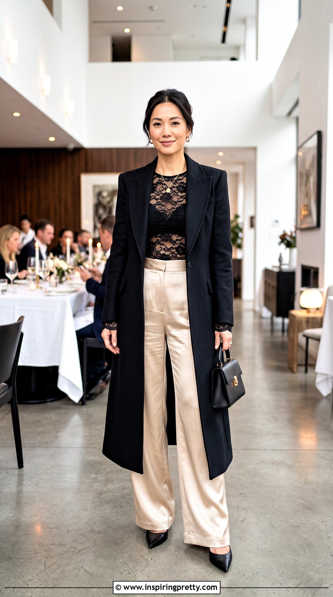 Lace Layering Top With Satin Wide Leg Pants - 50 Lace Layering Top Outfit ideas
