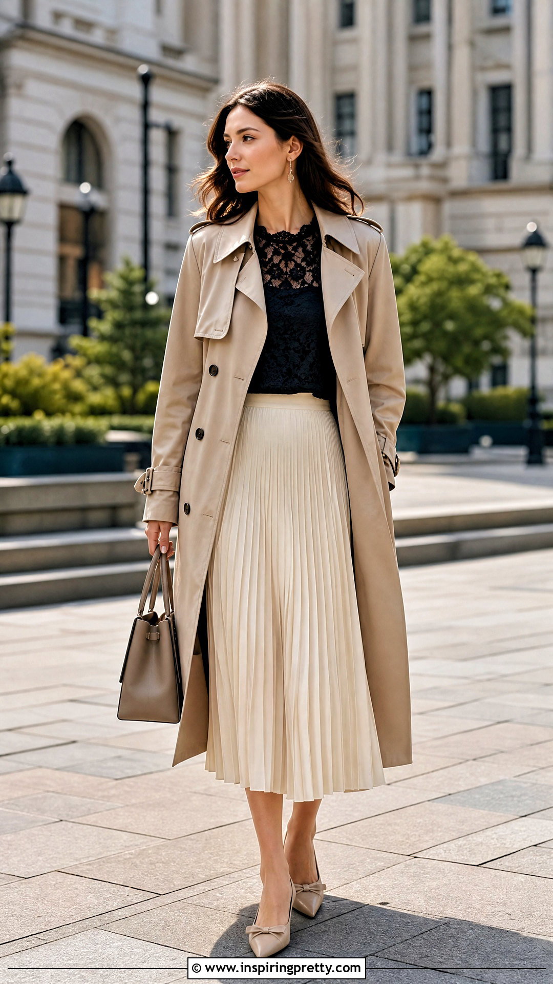 Lace Layering Top With Trench Coat And Midi Skirt - 50 Lace Layering Top Outfit ideas