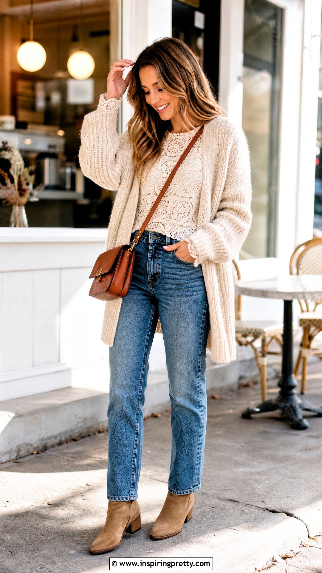 Lace Long Sleeve Top Under A Chunky Cardigan - 50 lace long sleeve top outfit layered ideas