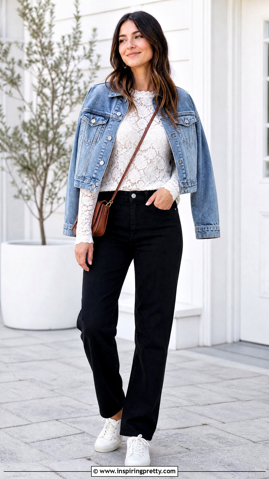 Lace Long Sleeve Top Under A Denim Jacket - 50 lace long sleeve top outfit layered ideas