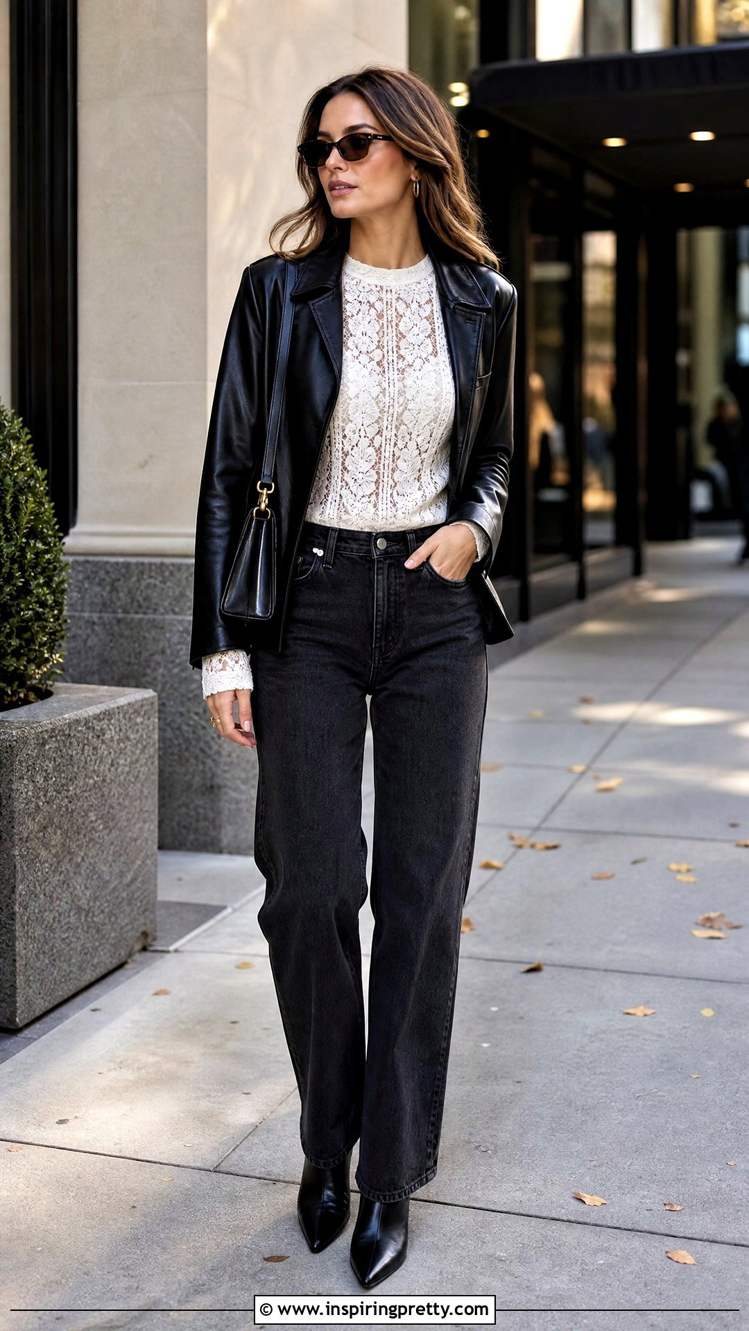 Lace Long Sleeve Top Under A Leather Jacket - 50 lace long sleeve top outfit layered ideas