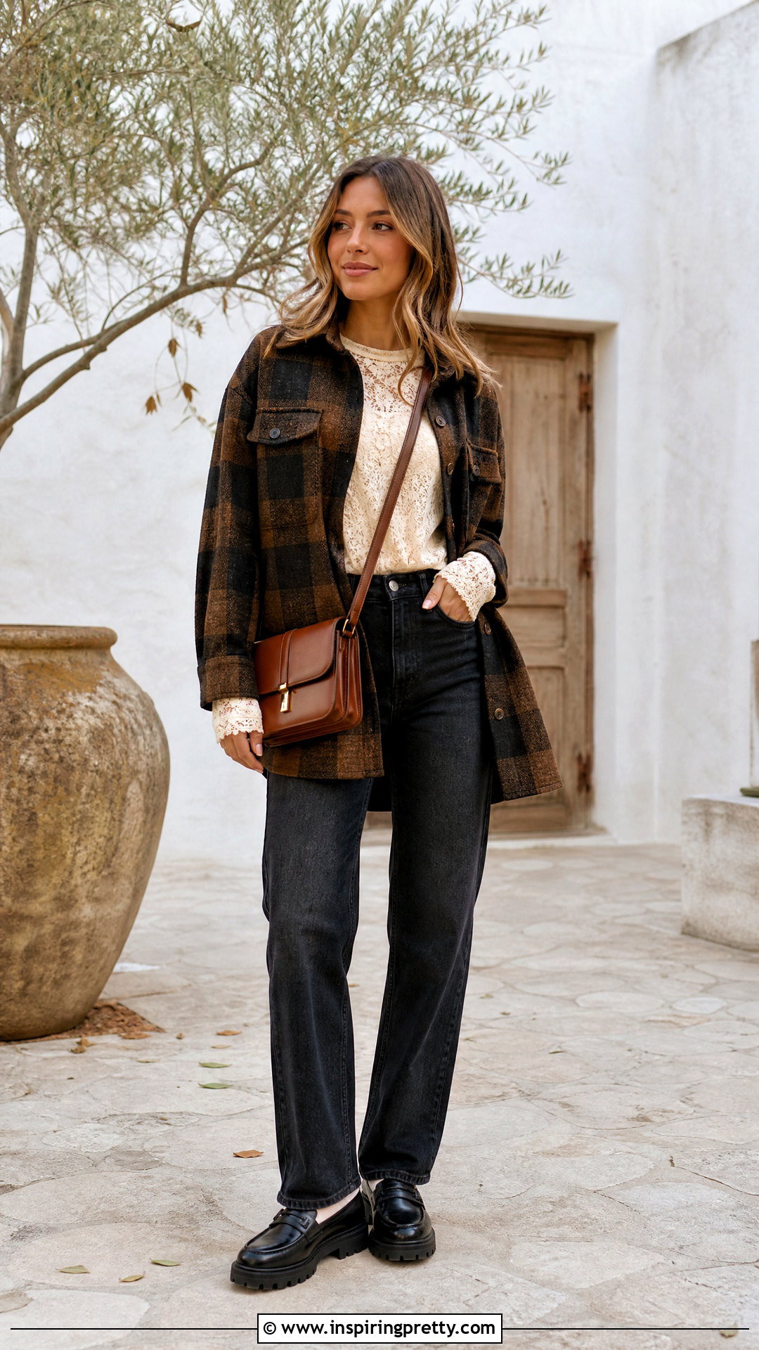 Lace Long Sleeve Top Under A Plaid Shacket - 50 lace long sleeve top outfit layered ideas