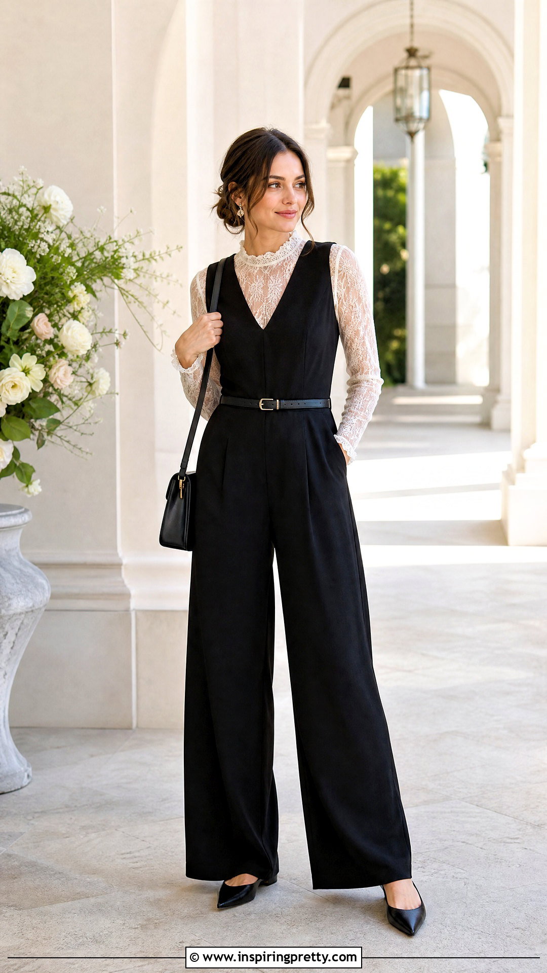 Lace Long Sleeve Top Under A Wide Leg Jumpsuit - 50 lace long sleeve top outfit layered ideas