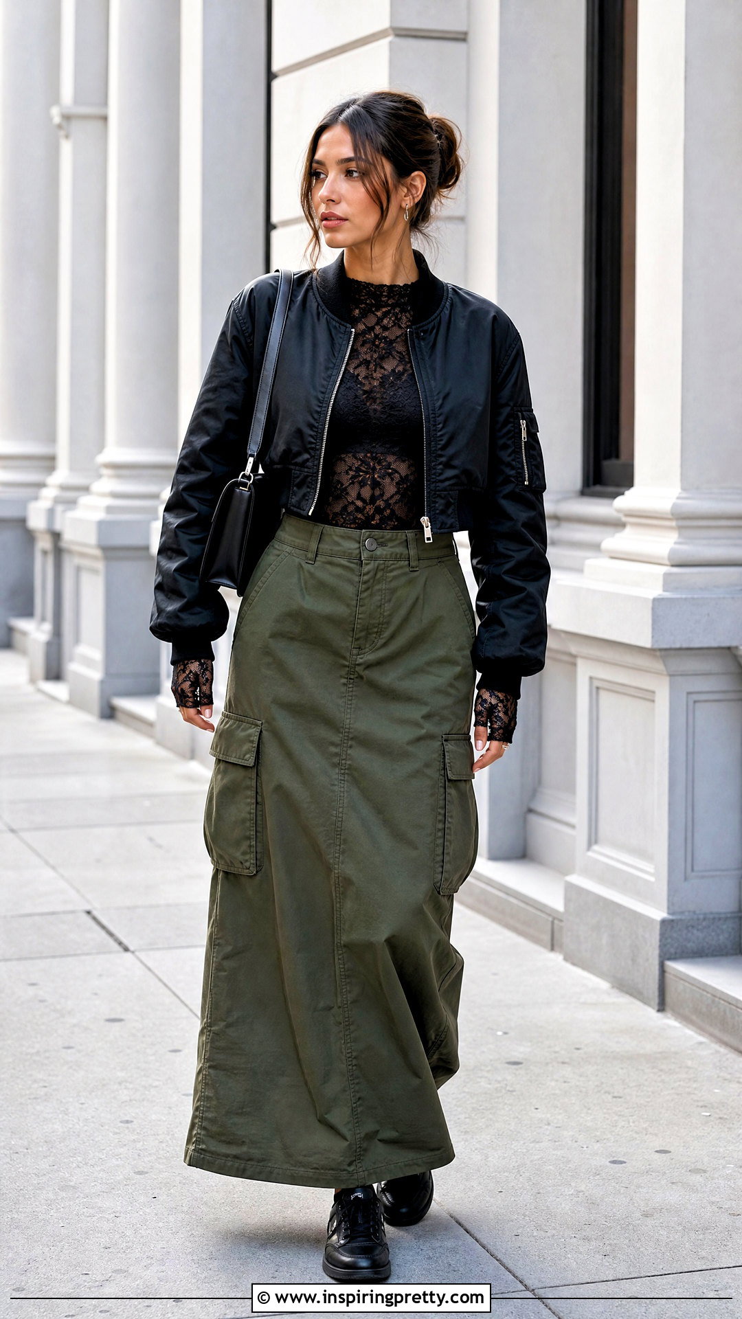 Lace Long Sleeve Top With A Cargo Maxi Skirt - 50 lace long sleeve top outfit layered ideas