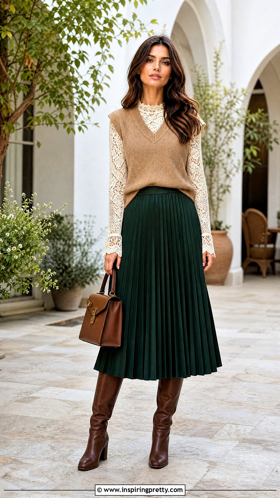 Lace Long Sleeve Top With A Pleated Midi Skirt - 50 lace long sleeve top outfit layered ideas