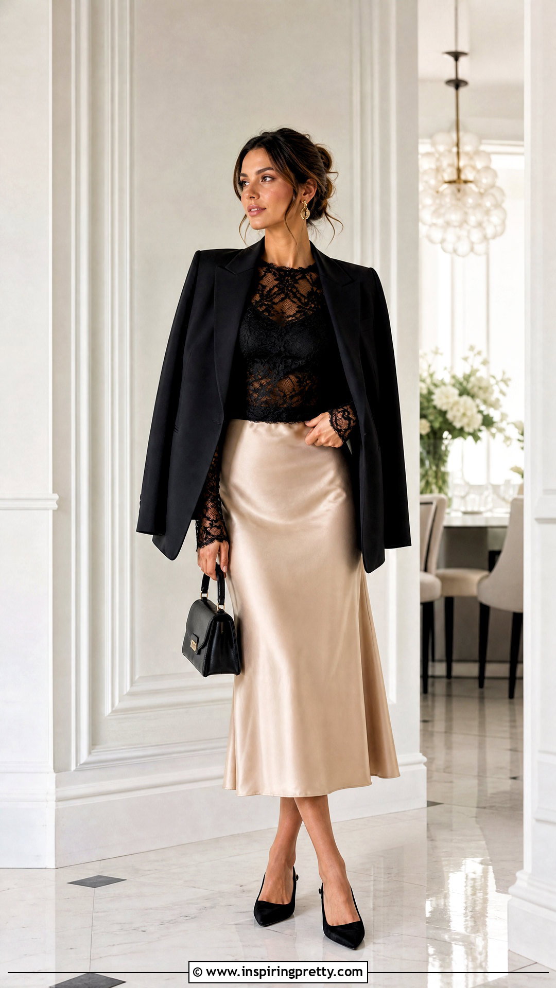 Lace Long Sleeve Top With A Satin Midi Skirt - 50 lace long sleeve top outfit layered ideas
