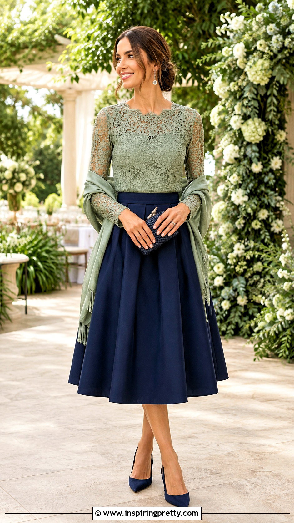 Lace Long Sleeve Top With Full Midi Skirt - 50 lace long sleeve top outfit ideas