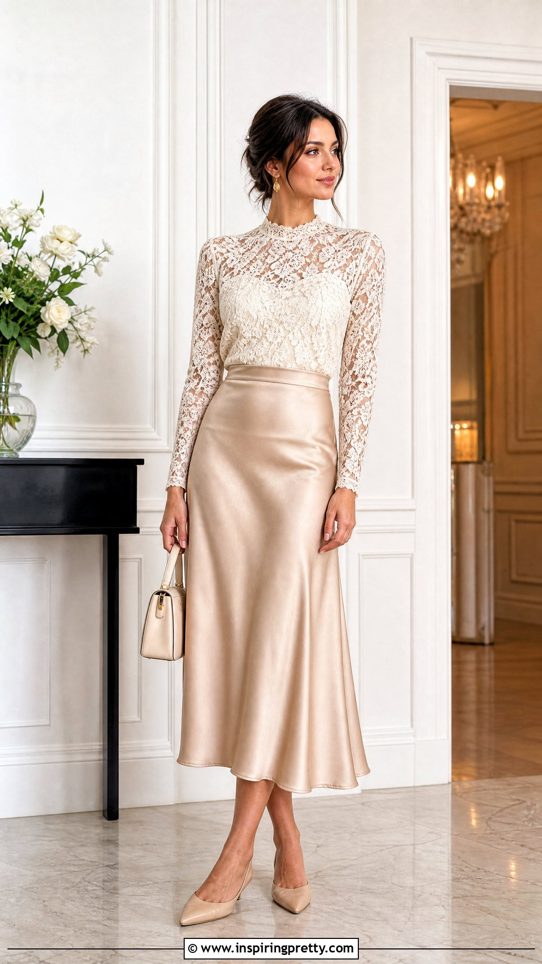 Lace Long Sleeve Top With Satin Midi Skirt - 50 long sleeve top outfit ideas