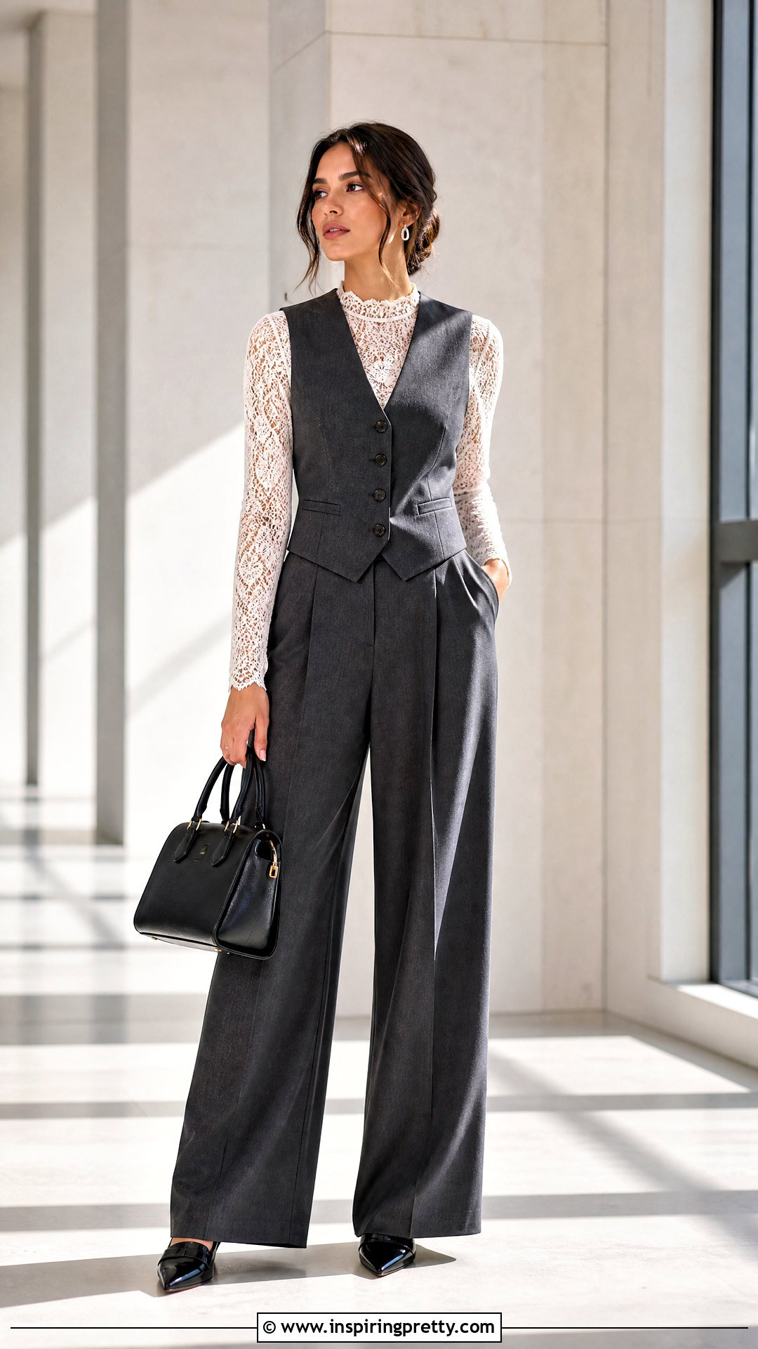 Lace Long Sleeve Top With Wide Leg Trousers And Waistcoat - 50 lace long sleeve top outfit layered ideas