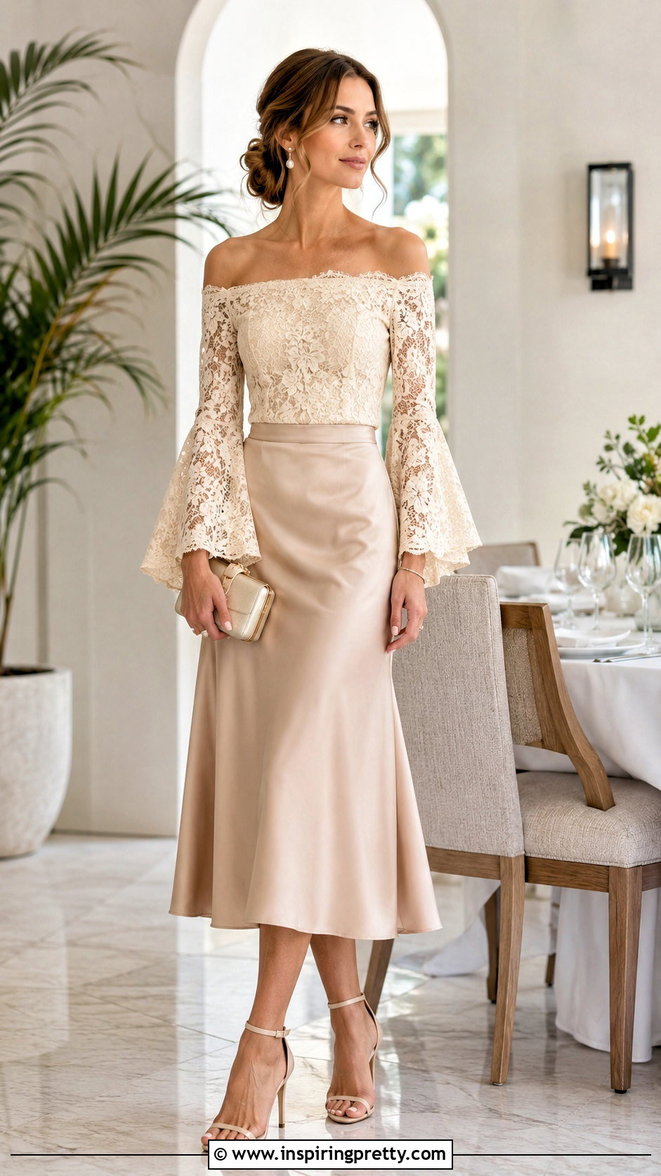 Lace Off Shoulder Flare Sleeve Top With Satin Midi Skirt - 25 Off Shoulder Flare Sleeve Top outfit ideas