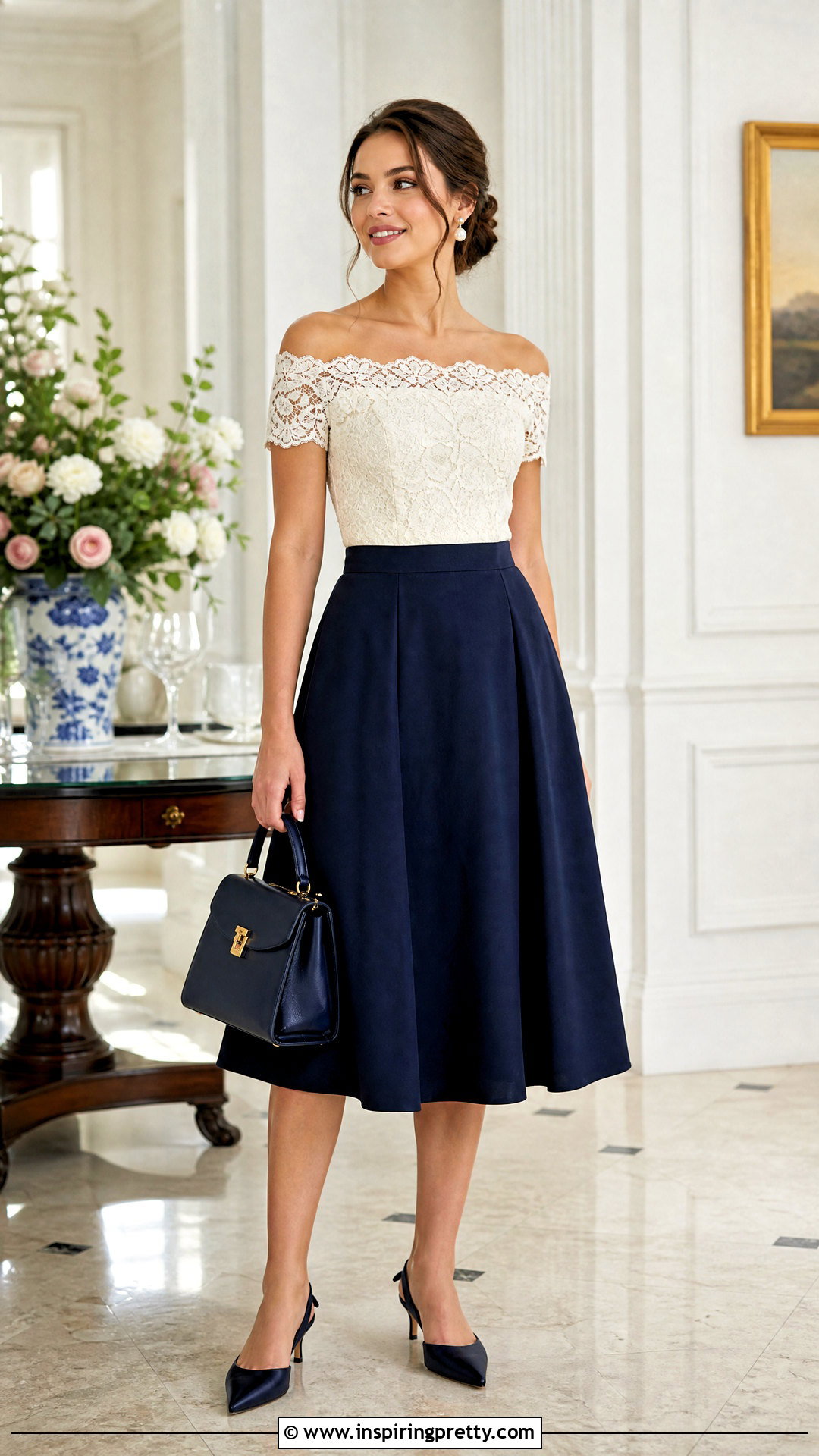 Lace Off Shoulder Top With A Line Midi Skirt - 50 off shoulder top outfit classy ideas