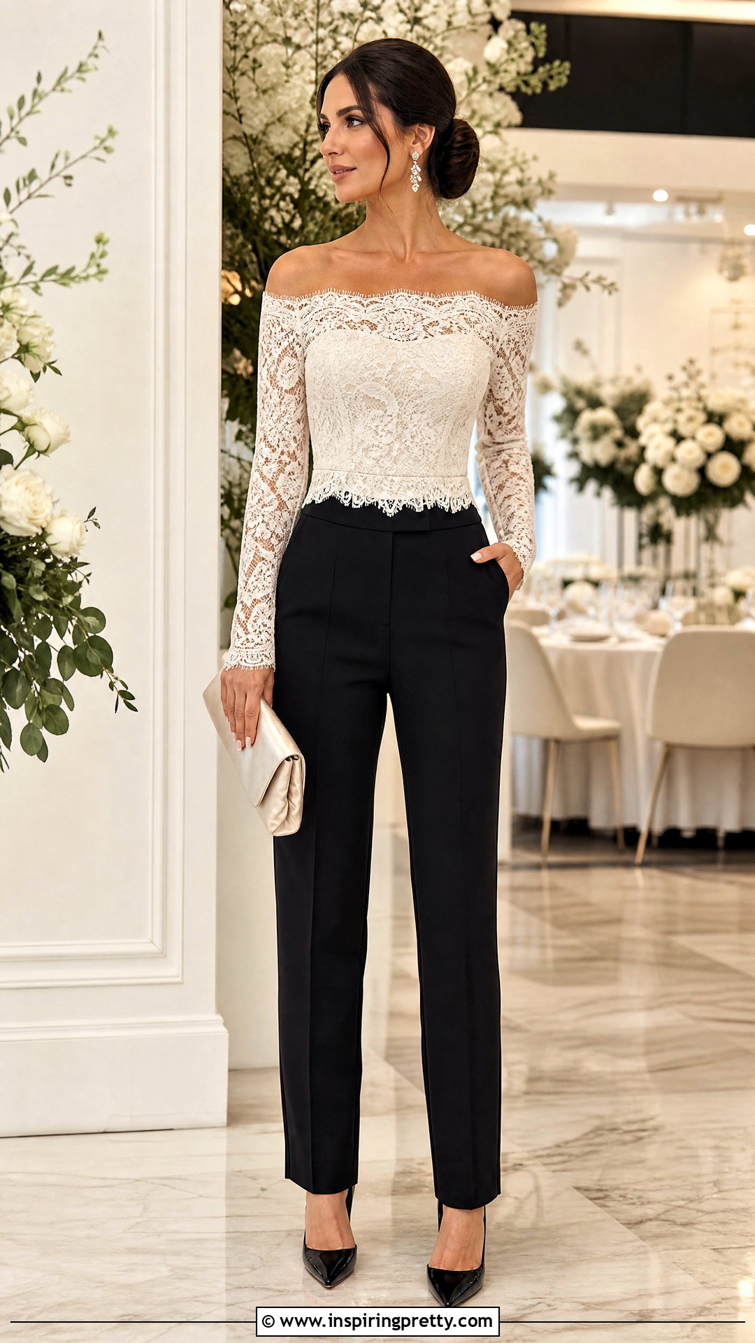 Lace Off Shoulder Top With Chignon and Tailored Pants - 50 hairstyle for off shoulder top outfit ideas