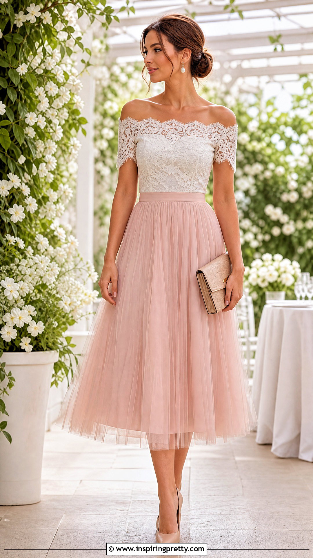Lace Off Shoulder Top With Tulle Midi Skirt - 50 off shoulder top with skirt outfit ideas