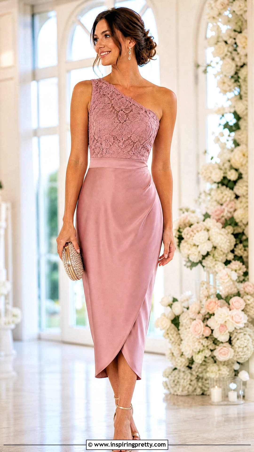 Lace One Shoulder Top With Satin Midi Skirt - 25 One Shoulder Top Wedding Outfit ideas