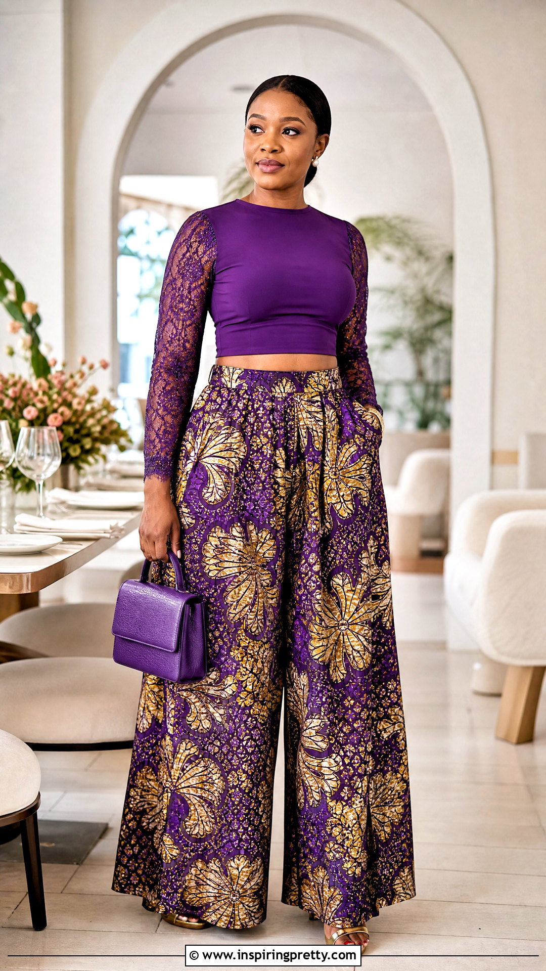 Lace Panel Crop Top With Ankara Palazzo Trousers - 50 Ankara Palazzo Trouser And Crop Top outfit ideas