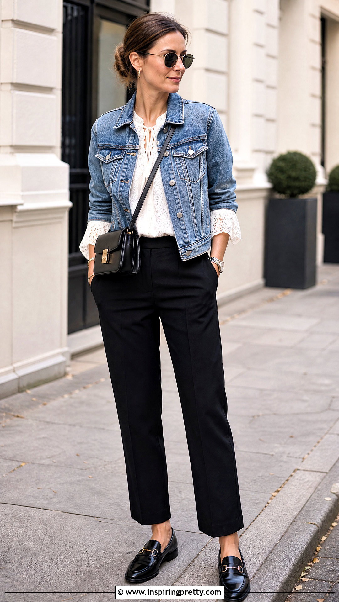 Lace Peasant Top With Denim Jacket And Trousers - 25 lace peasant top outfit ideas