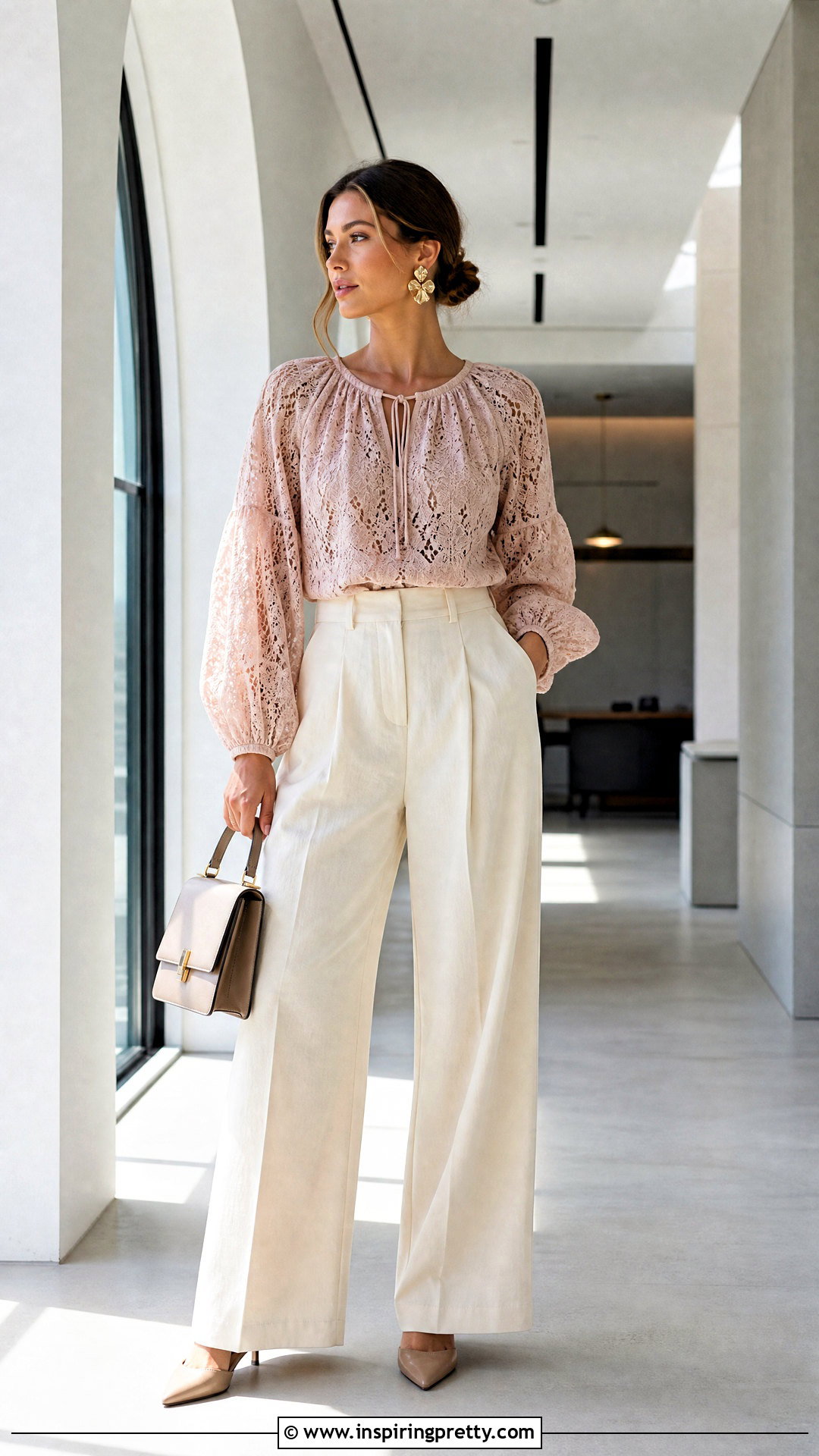 Lace Peasant Top With Wide Leg Trousers - 25 lace peasant top outfit ideas