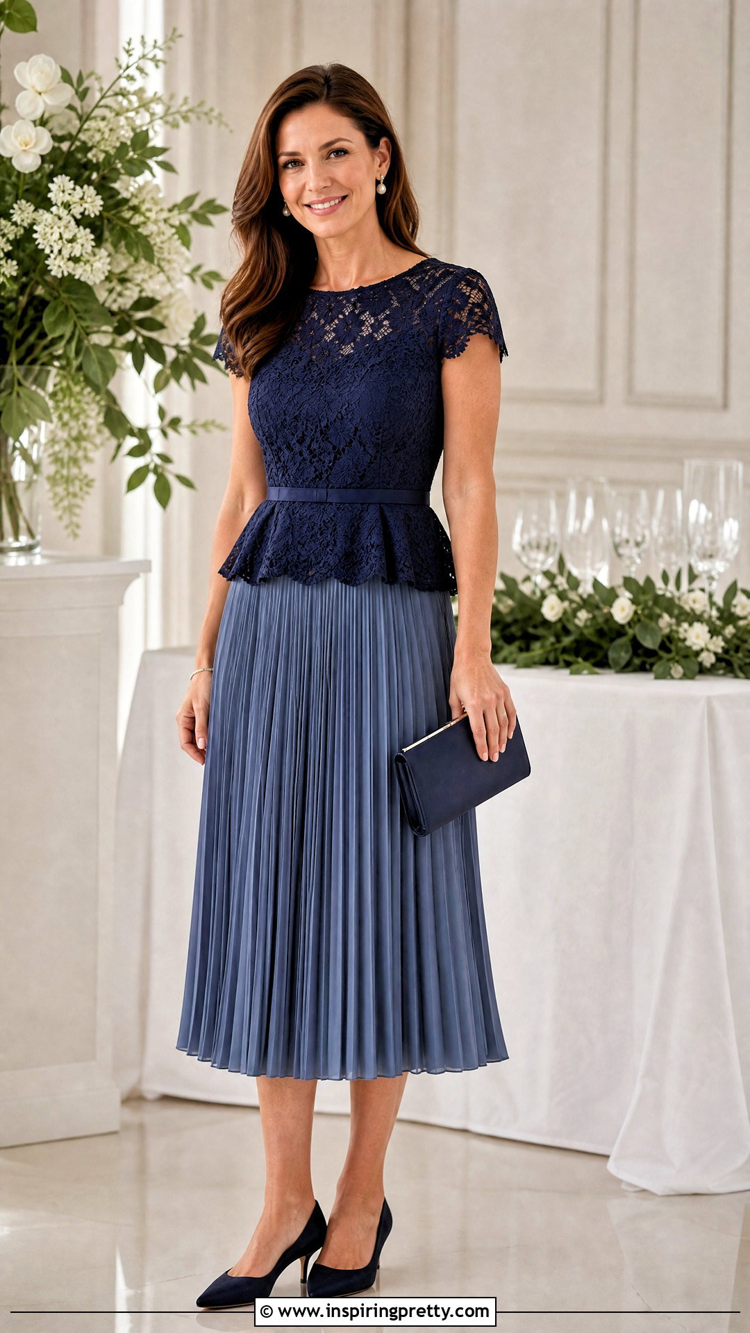 Lace Peplum Top With Pleated Skirt - 20 skirt and peplum top outfit ideas