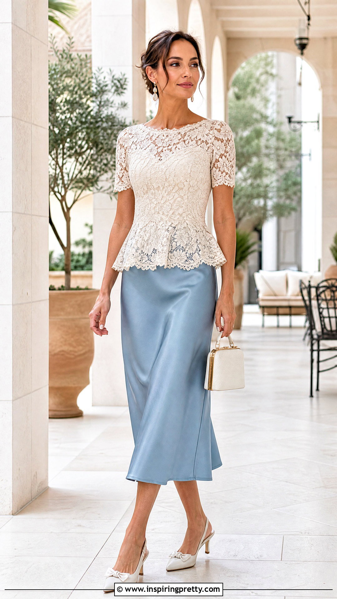 Lace Peplum Top With Satin Midi Skirt - 50 whimsical tops outfit ideas