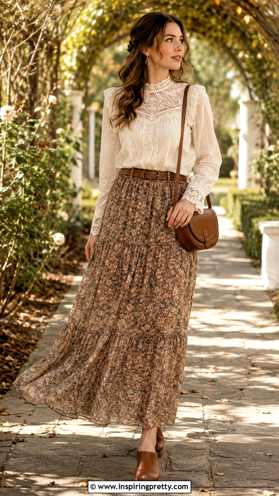 Lace Prairie Blouse With Floral Maxi Skirt - 20 Retro 70S Tops outfit ideas