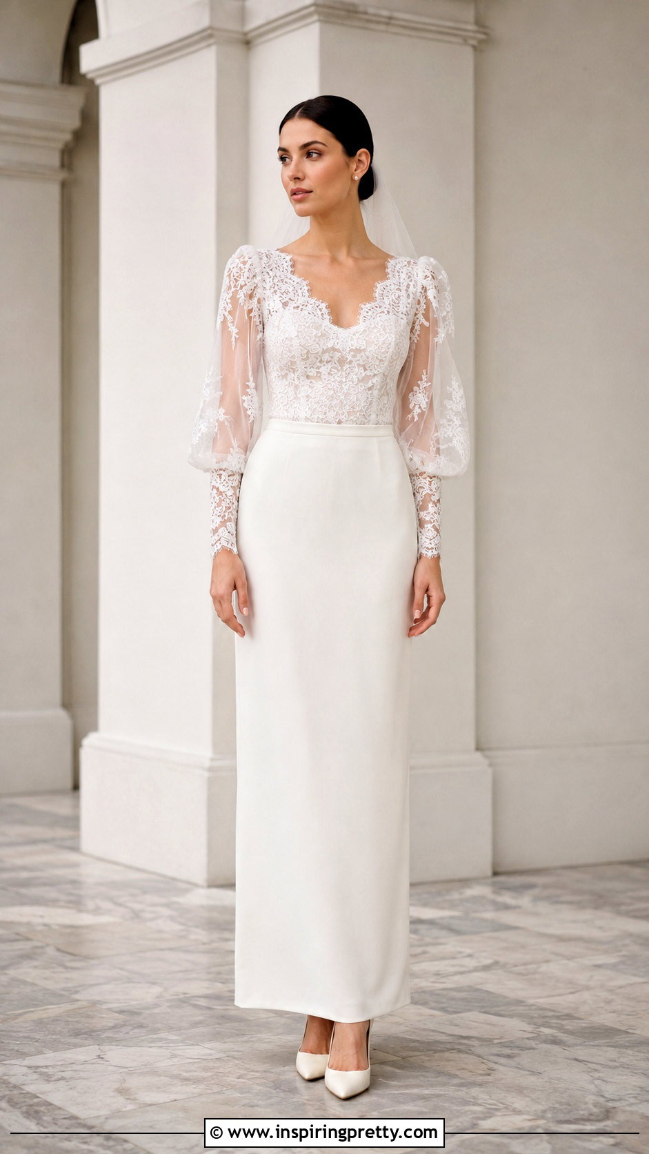 Lace Puff Sleeve Top With Minimalist Crepe Skirt - 20 Bridal Lace Top Separate outfit ideas