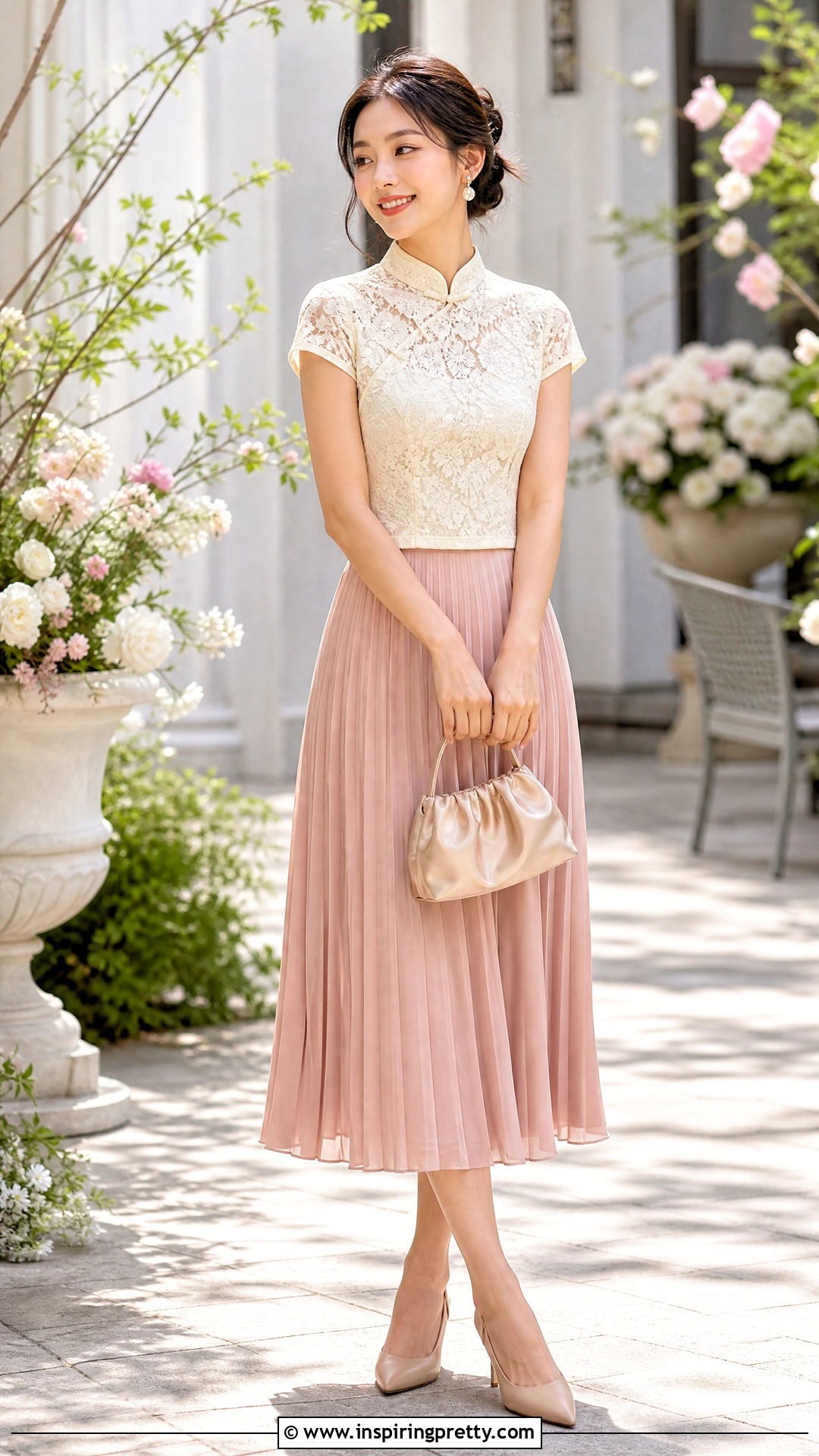 Lace Qipao Top With Pleated Midi Skirt - 50 chinese top outfit ideas
