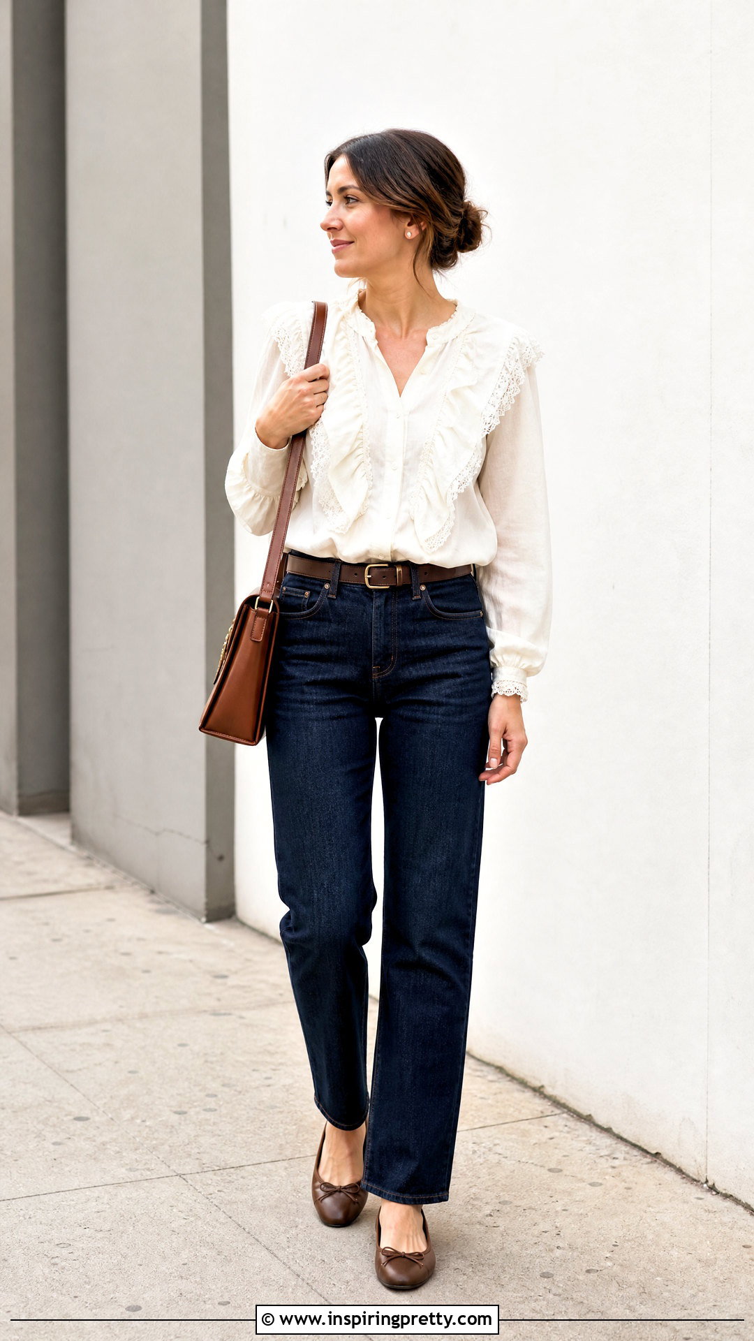 Lace Ruffle Top With Dark Wash Jeans - 50 ruffle tops outfit ideas