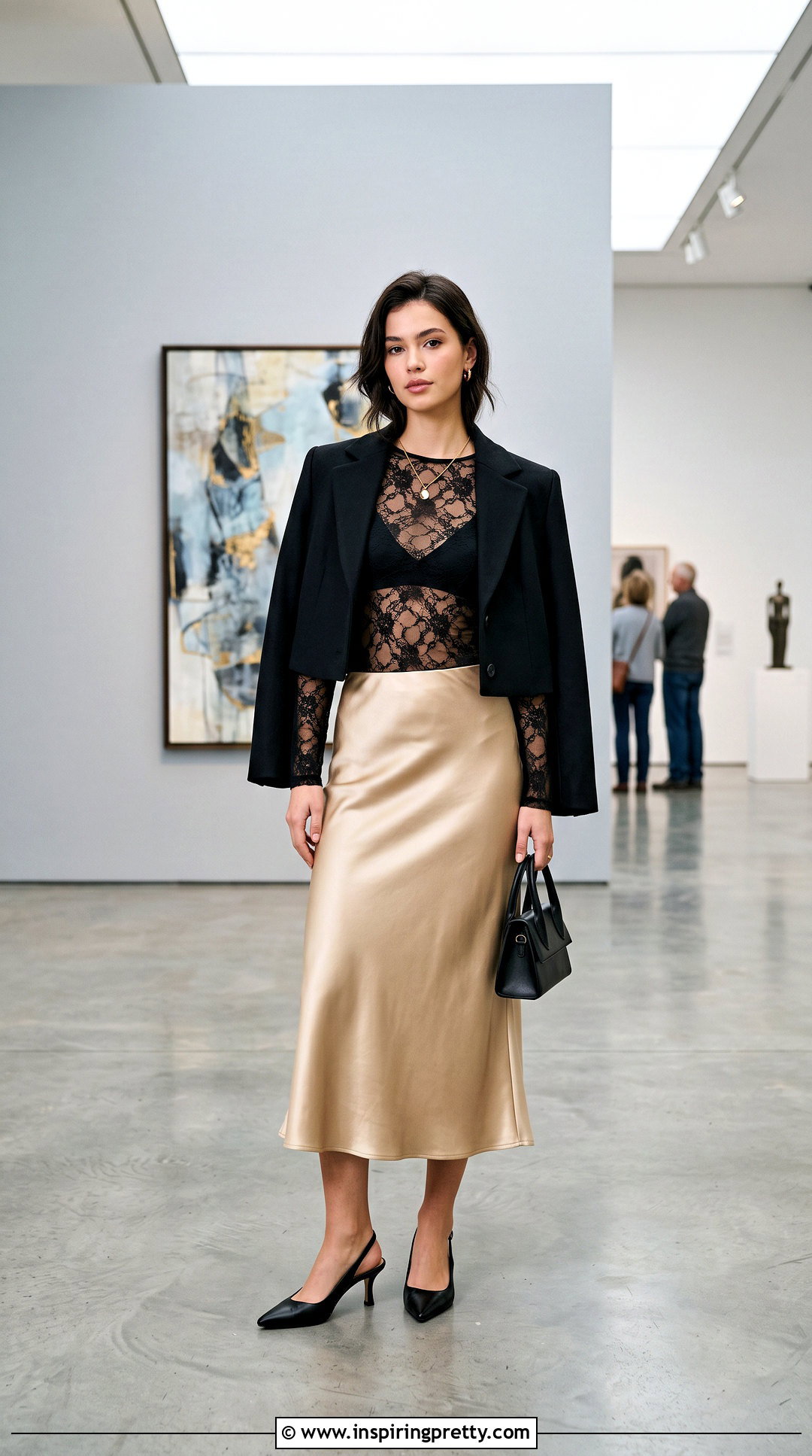 Lace Sheer Bra Top With Satin Midi Skirt - 25 sheer bra top outfit ideas