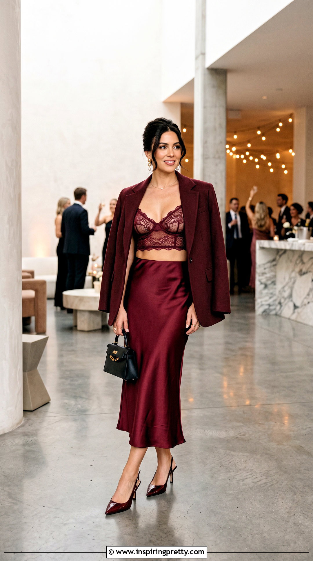 Lace Sheer Bralette Top With Satin Midi Skirt - 20 sheer bralette top outfit ideas