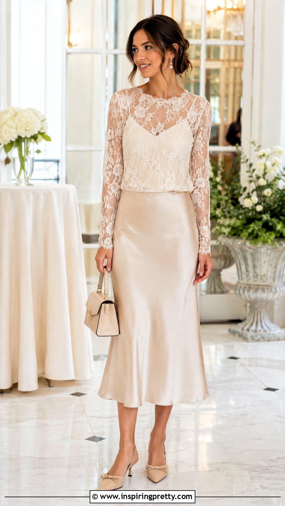 Lace Sheer Long Sleeve Top With Satin Midi Skirt - 50 sheer long sleeve top outfit ideas