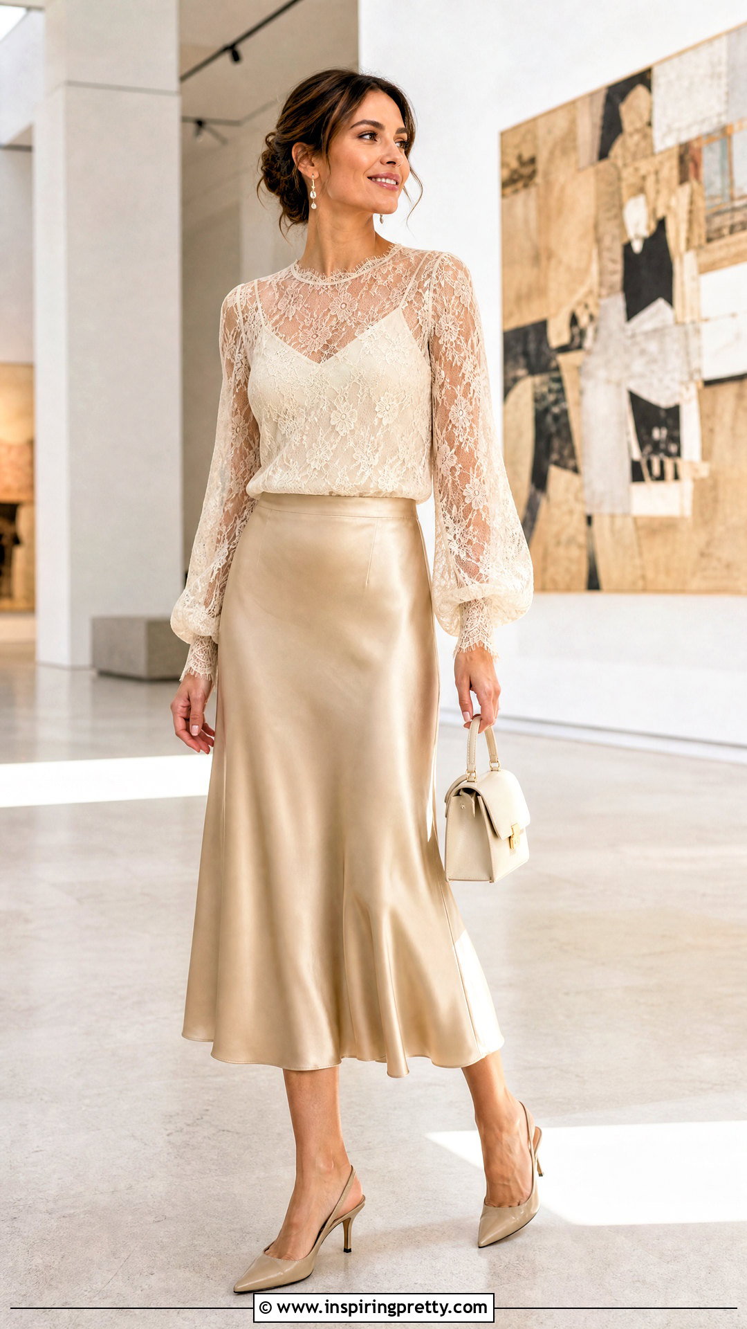 Lace Sheer Top With Satin Midi Skirt - 50 sheer top outfit ideas