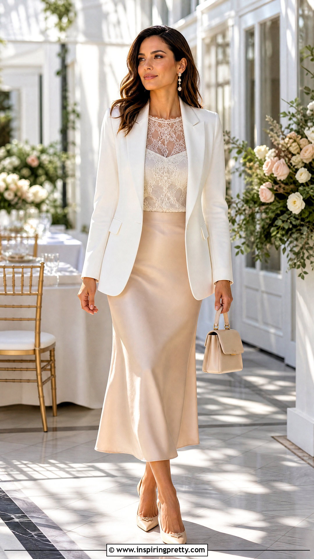 Lace Sheer Top With White Blazer And Satin Midi Skirt - 25 Sheer Top With Blazer outfit ideas