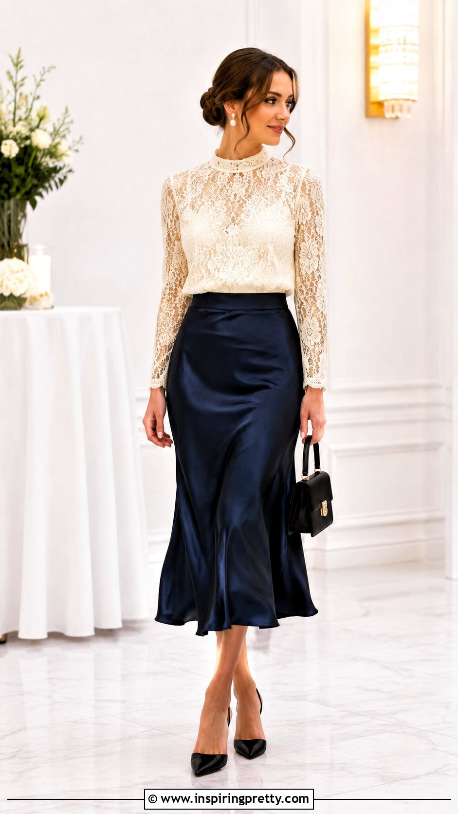 Lace Silk Top With Satin Midi Skirt - 20 lace silk top outfit ideas