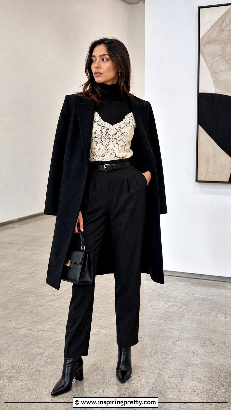 Lace Tank Top Over A Fitted Turtleneck And Trousers - 50 lace tank top outfit layered ideas