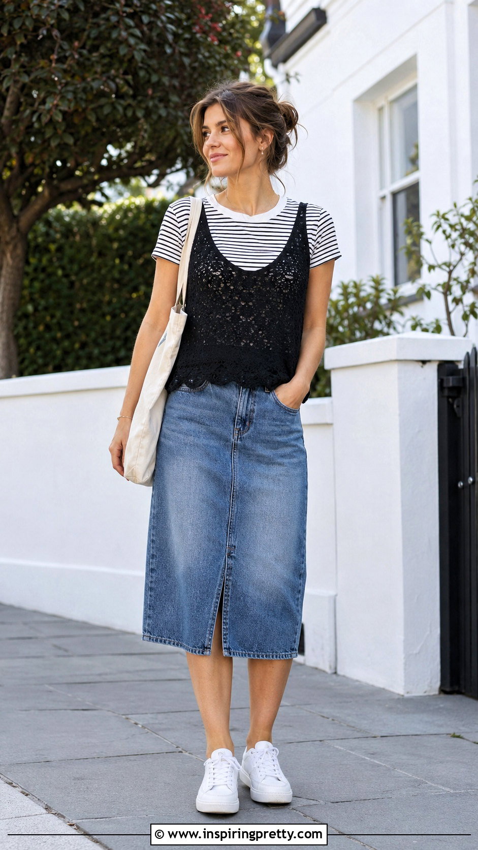 Lace Tank Top Over A Striped T Shirt And Denim Skirt - 50 lace tank top outfit layered ideas