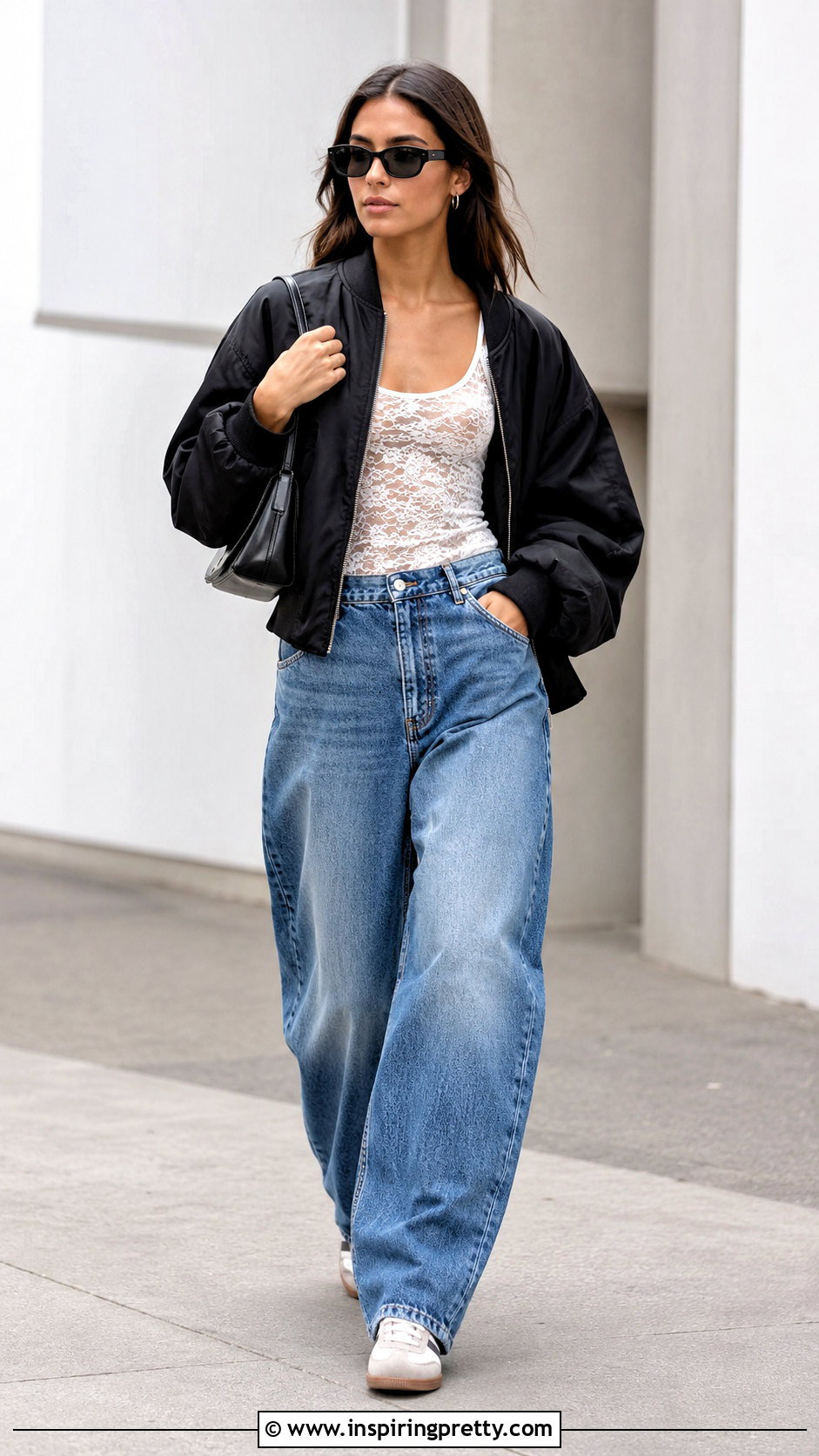 Lace Tank Top Under A Bomber Jacket And Barrel Jeans - 50 lace tank top outfit layered ideas