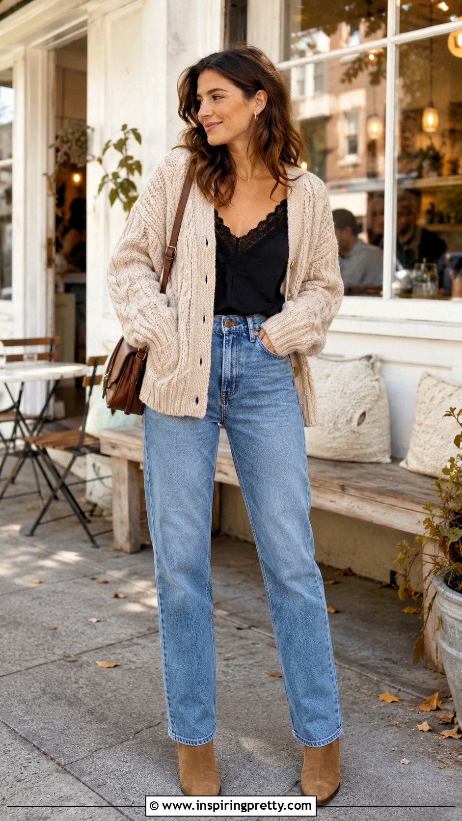 Lace Tank Top Under A Cable Knit Cardigan And Jeans - 50 lace tank top outfit layered ideas