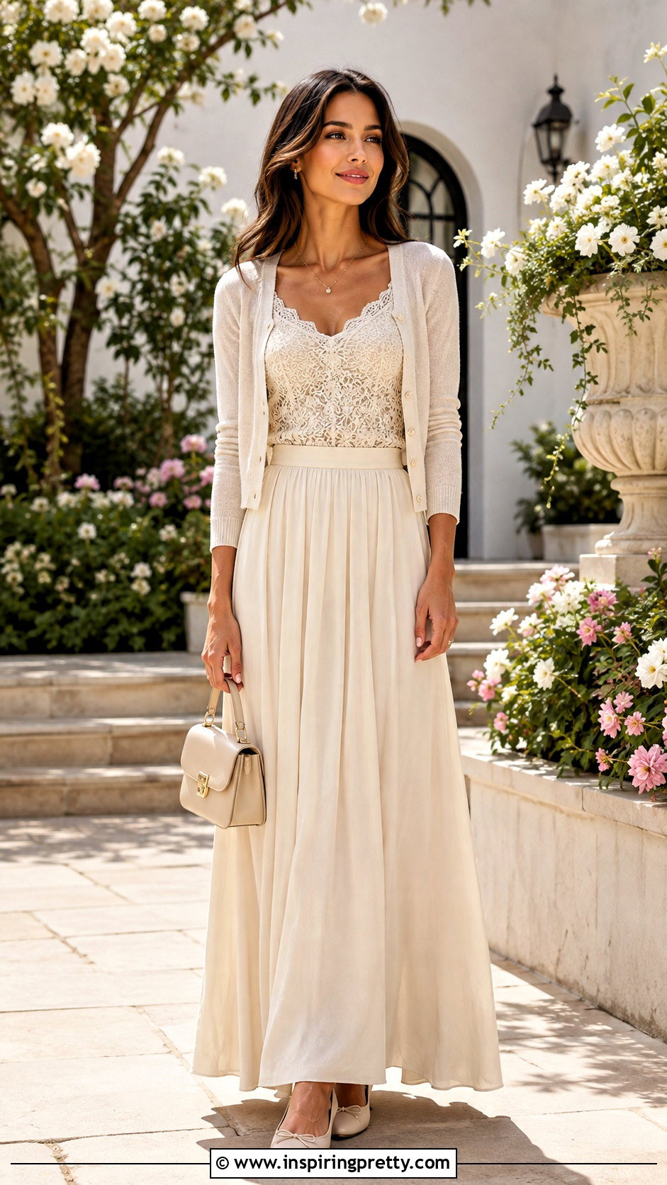 Lace Tank Top Under A Cropped Cardigan And Maxi Skirt - 50 lace tank top outfit layered ideas