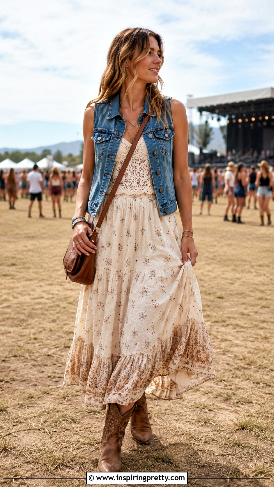 Lace Tank Top Under A Cropped Denim Vest And Maxi Skirt - 50 lace tank top outfit layered ideas