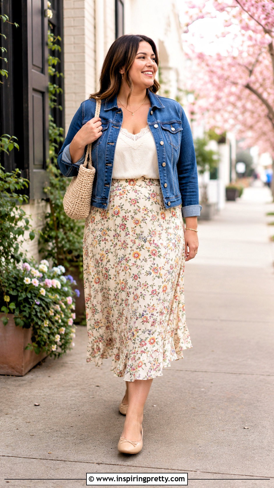 Lace Tank Top Under A Denim Jacket And Midi Skirt - 50 lace tank top outfit layered ideas