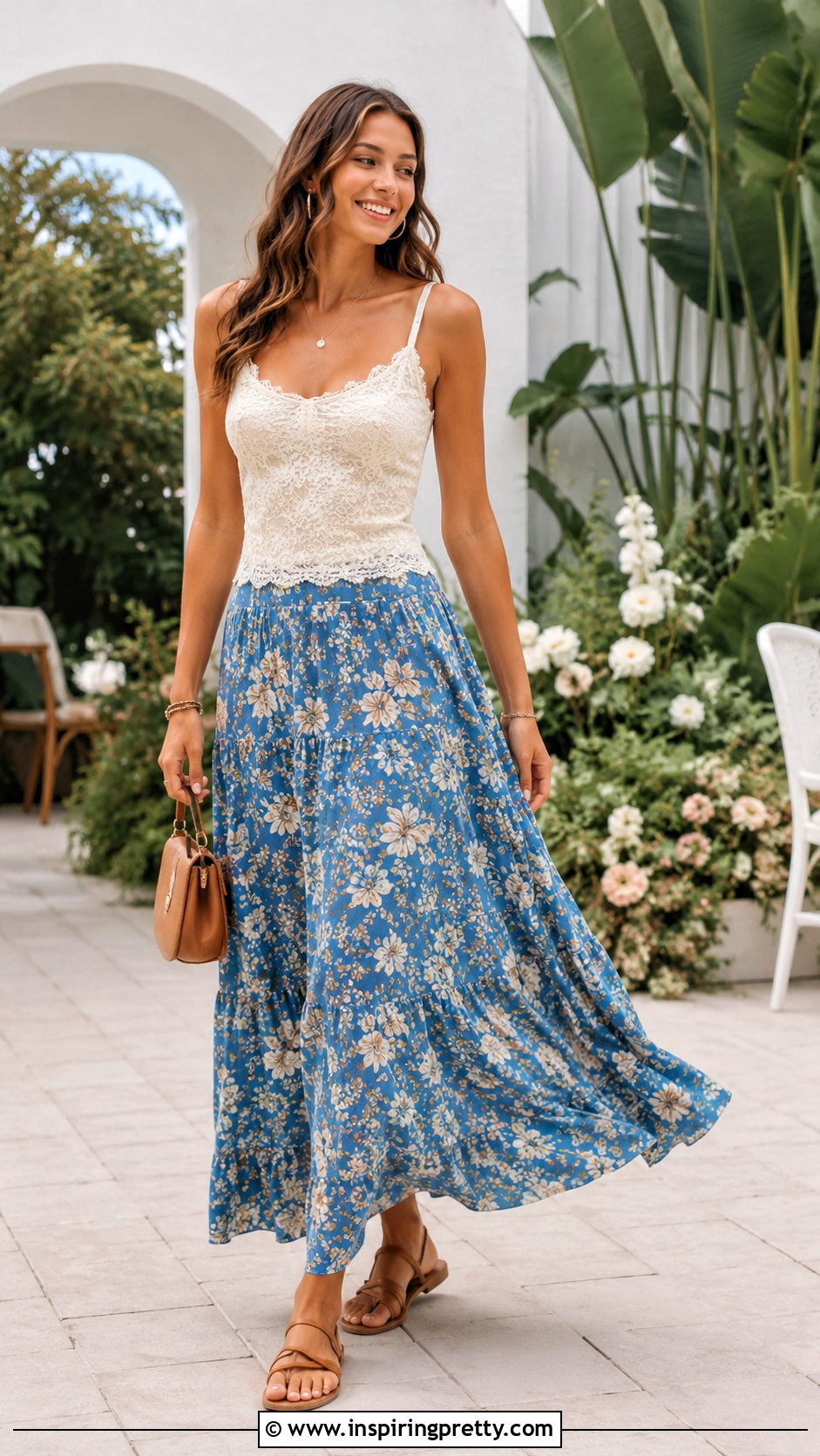 Lace Tank Top With Floral Maxi Skirt - 50 lace tank top outfit ideas
