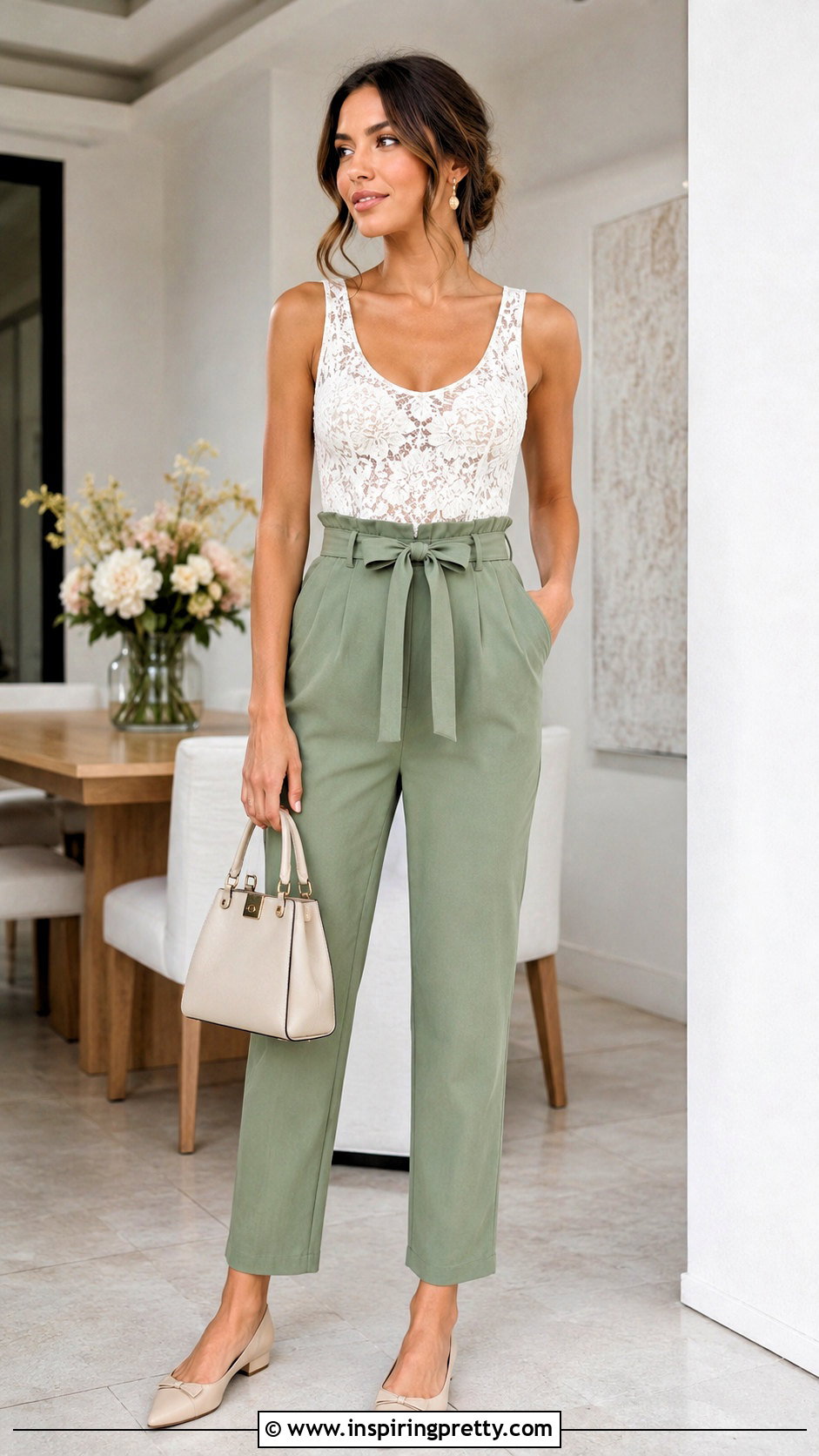 Lace Tank Top With Paperbag Waist Pants - 50 lace tank top outfit ideas