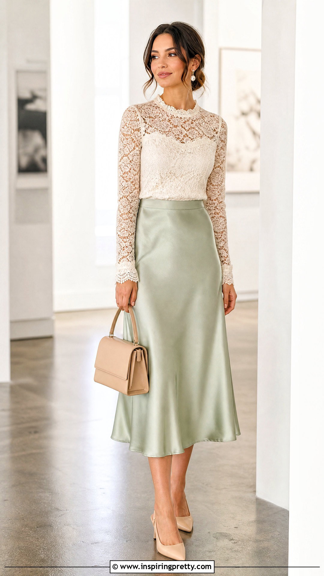 Lace Top And Satin Midi Skirt Outfit - 50 skirt and top outfits