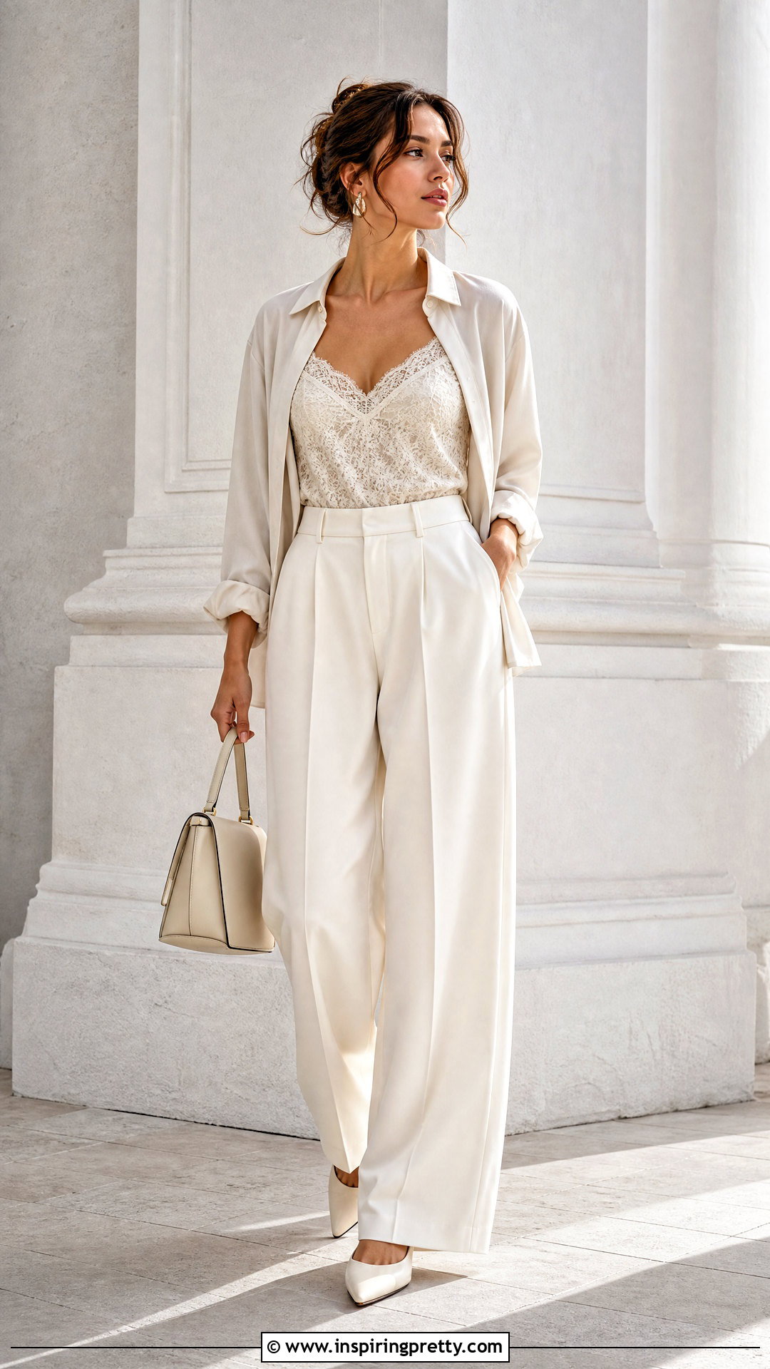 Lace Top Under Shirt With Monochrome Trousers - 50 lace top under shirt outfit ideas
