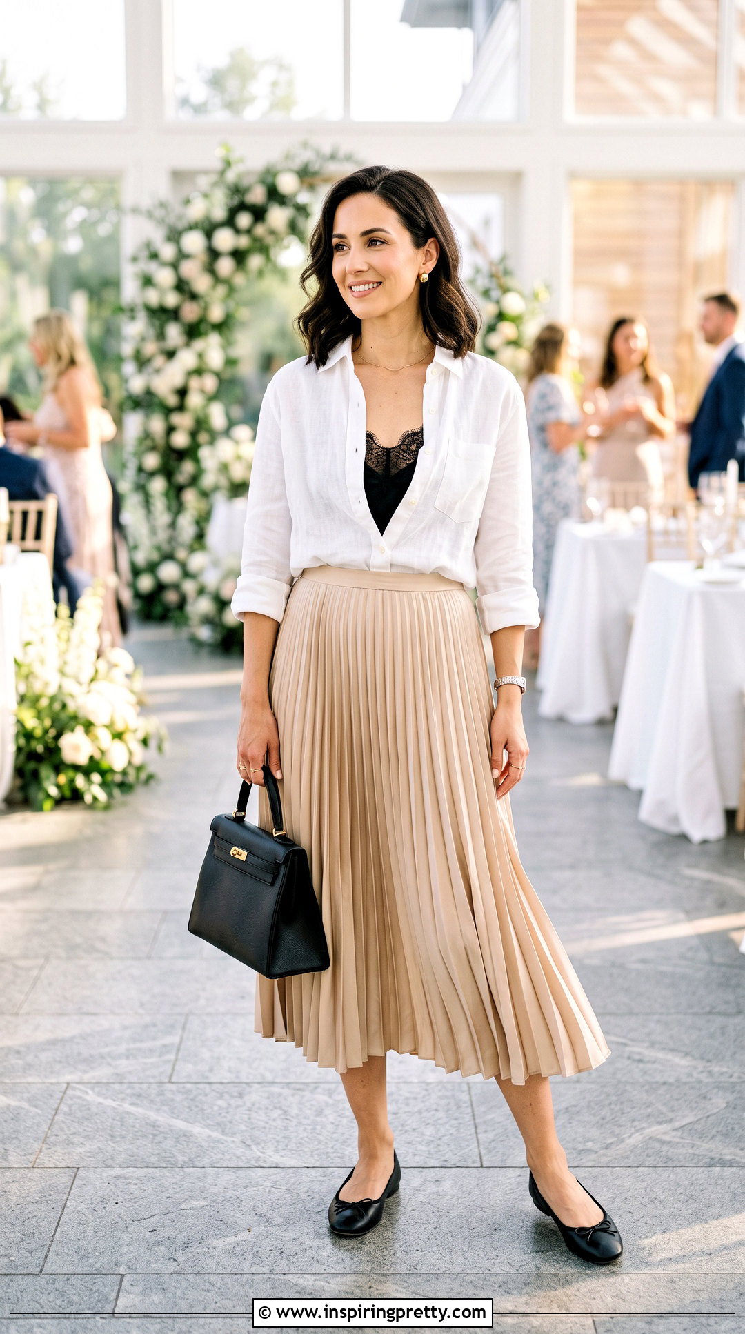 Lace Top Under Shirt With Pleated Skirt And Flats - 50 lace top under shirt outfit ideas