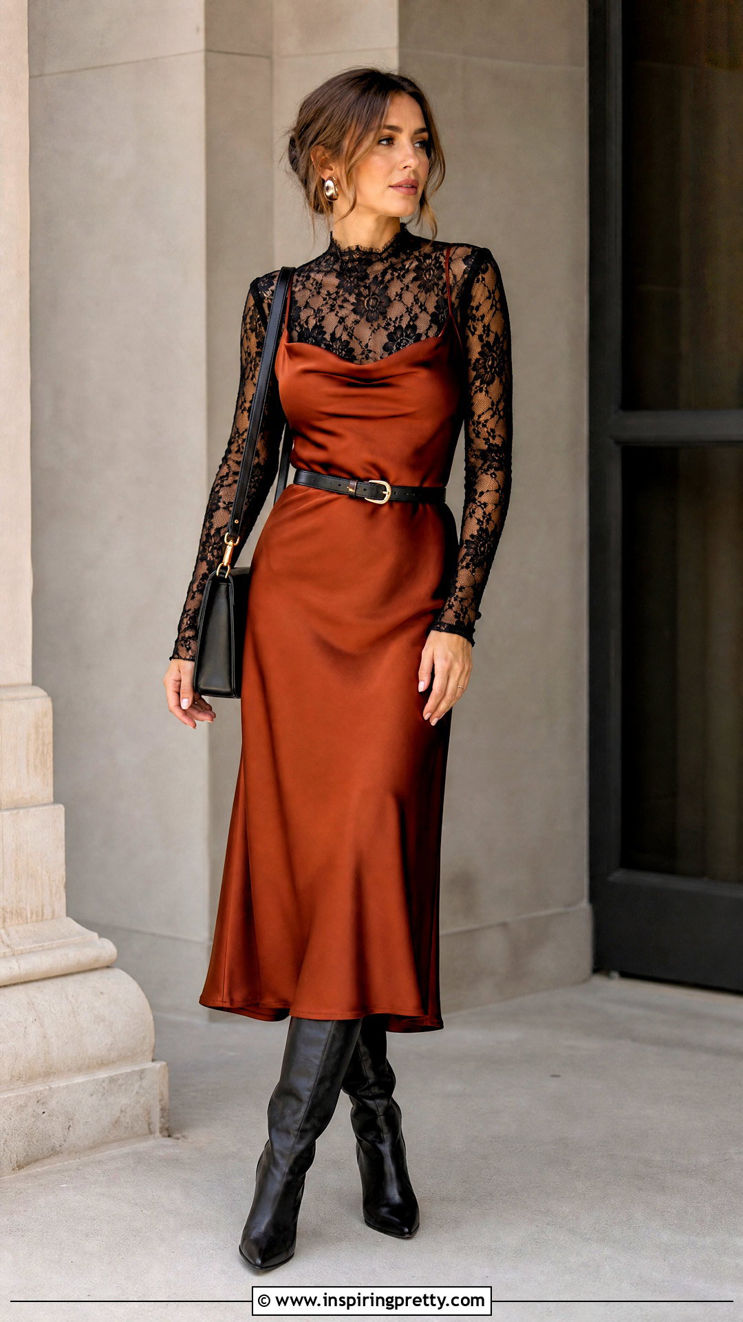 Lace Top Under Slip Dress With Belt And Knee High Boots - 25 Lace Top Under Slip Dress outfit ideas