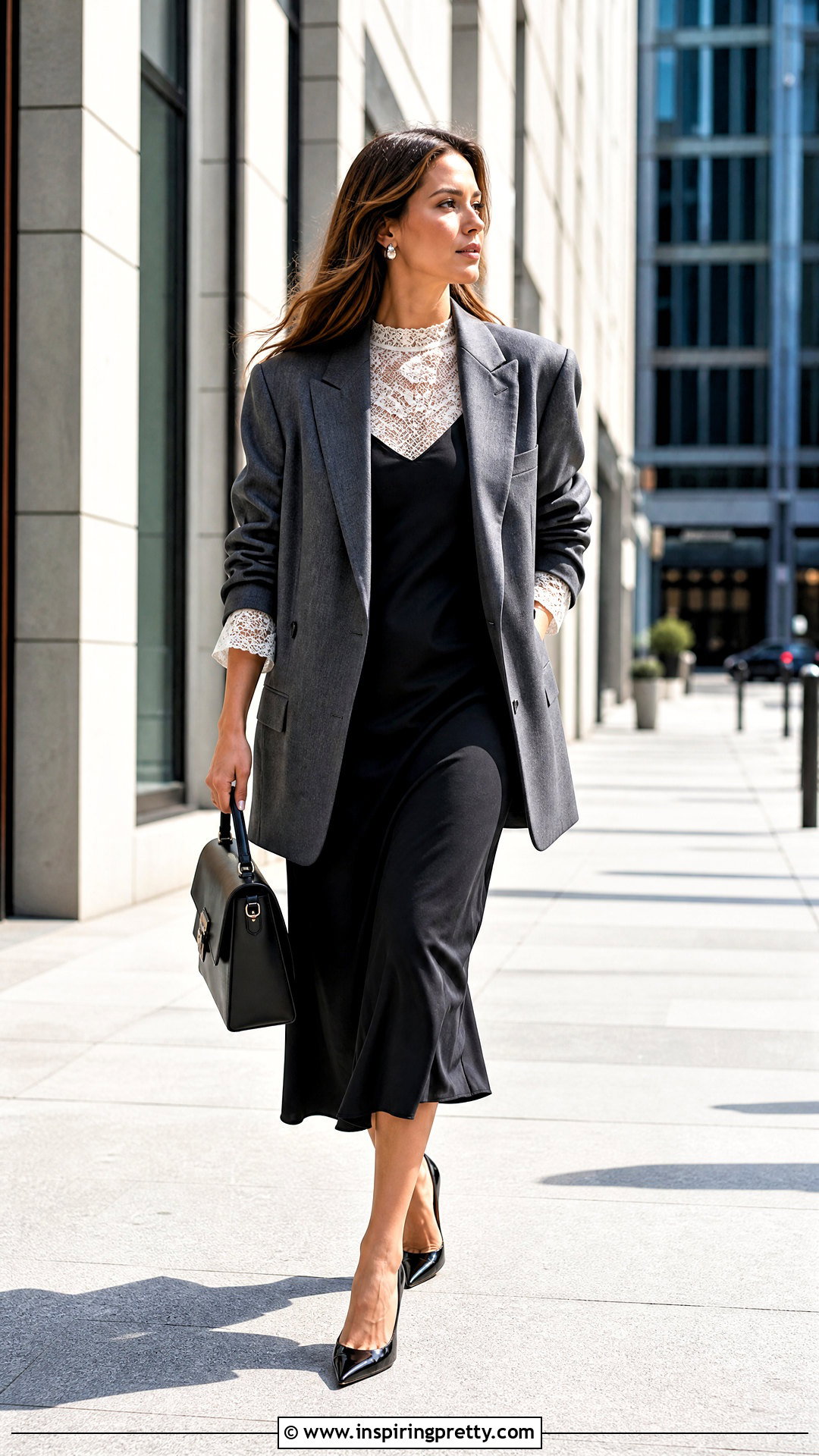 Lace Top Under Slip Dress With Oversized Blazer And Pumps - 25 Lace Top Under Slip Dress outfit ideas